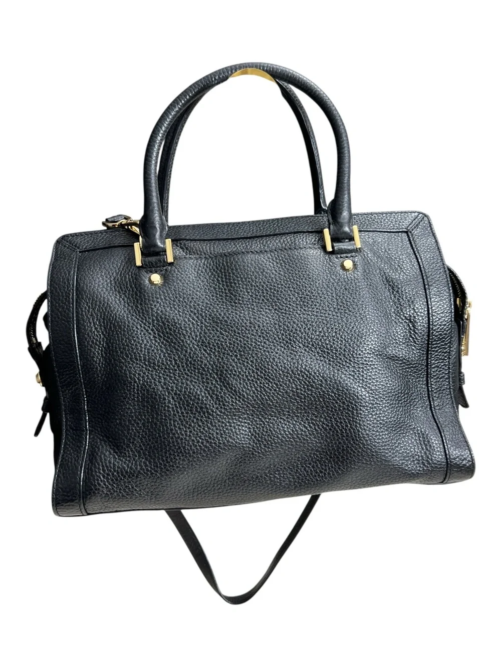 Michael Kors Black Leather Satchel with Gold MK Charm